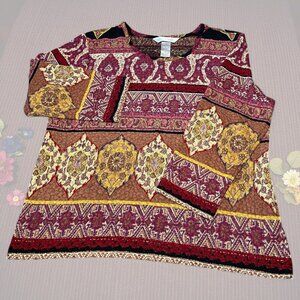Napa Valley Womens L Top Burgundy Gold Boho Patchwork Geometric Print Hippie